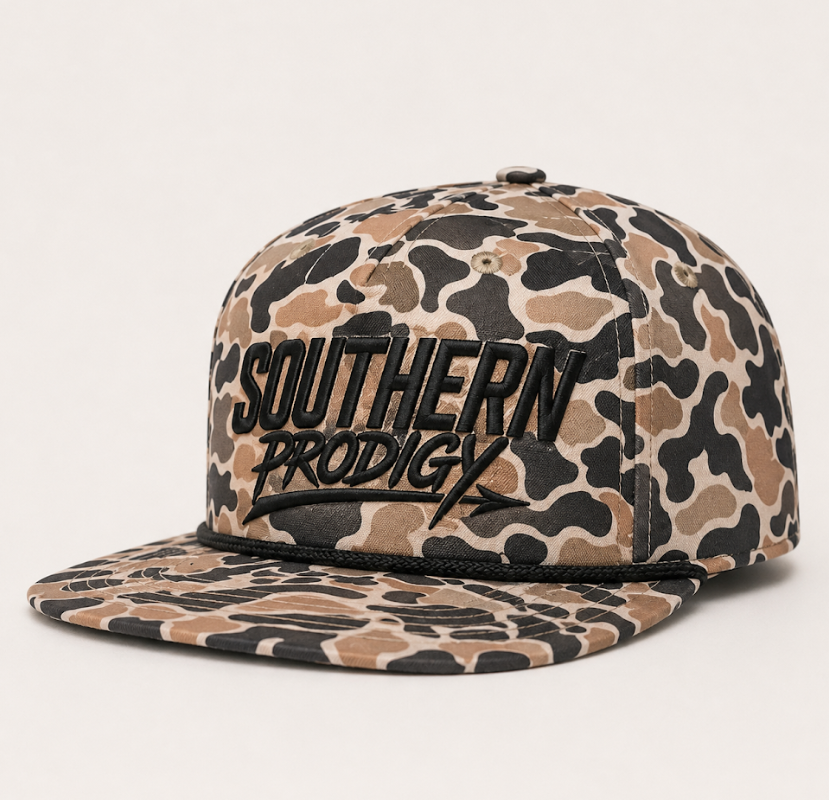 Southern Prodigy bone 7-panel rope hat with old school camo brim — hat of the month