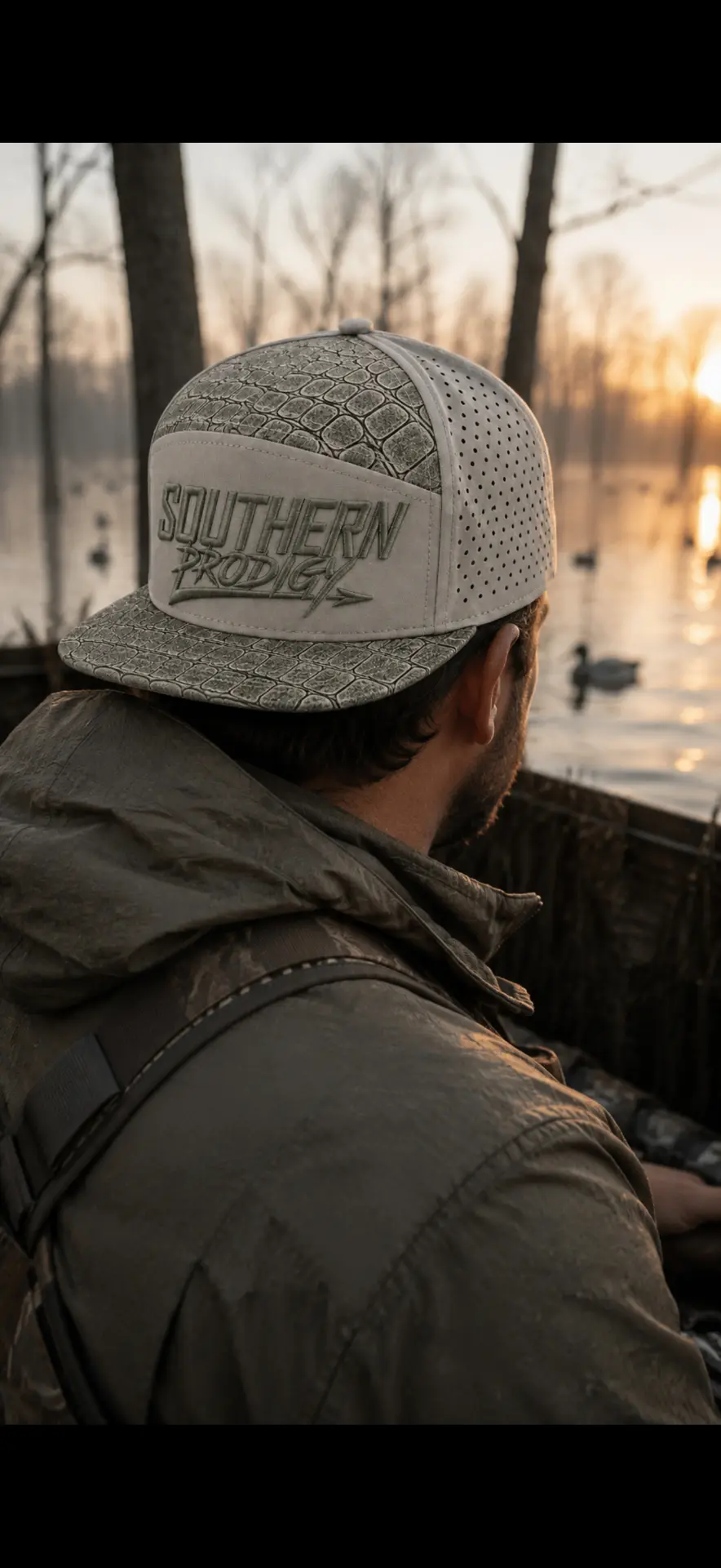 Southern Prodigy subscriber in a duck blind at sunrise wearing a bone 7-panel hat